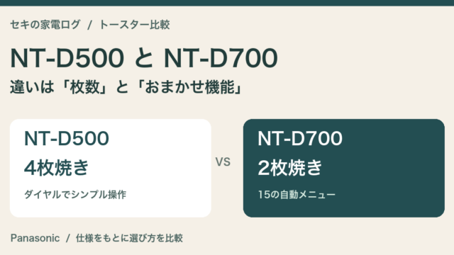 NT-D500とNT-D700の比較。NT-D500は4枚焼き、NT-D700は2枚焼きで15の自動メニュー。